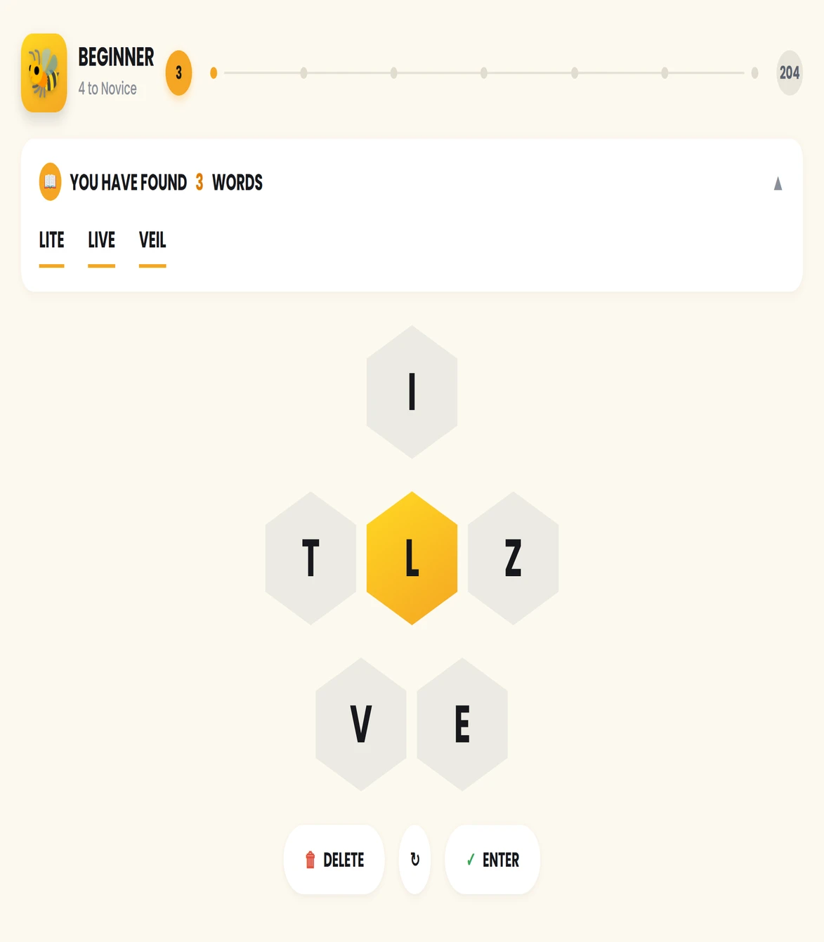 Spelling bee word list showing found words and current score progress