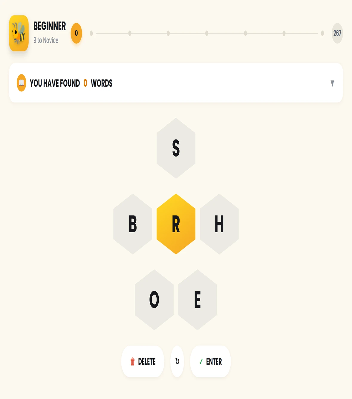 Spelling bee game honeycomb showing 7 letters with center letter highlighted